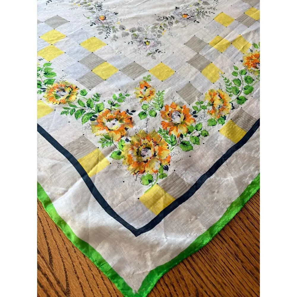 Vintage 100% Silk Floral Scarf Green Border Square 31” Cottagecore